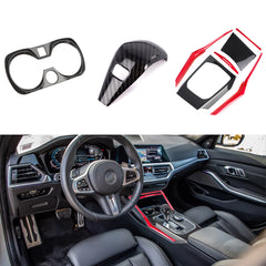 Red+Carbon Fiber ABS Gear Shift Panel Water Cup Holder Trim For BMW 3-Series G20