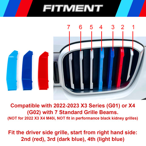 M-Colored Stripe Grille Insert Trims Compatible with BMW X3 G01 or X4 G02 2022 2023, Not fit for X3 X4 M40i  (7-Beams Standard Kidney Grille)
