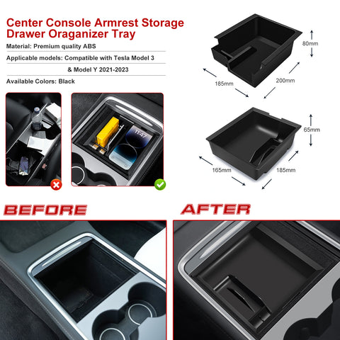 Console Armrest Cubby+Rear Seat Storage Organizer Box For Tesla Model Y 2021-23