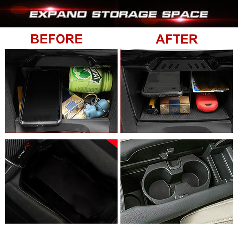 Center Console Storage Tray + Insert Water Cup Holder For Honda Civic 2016-2021