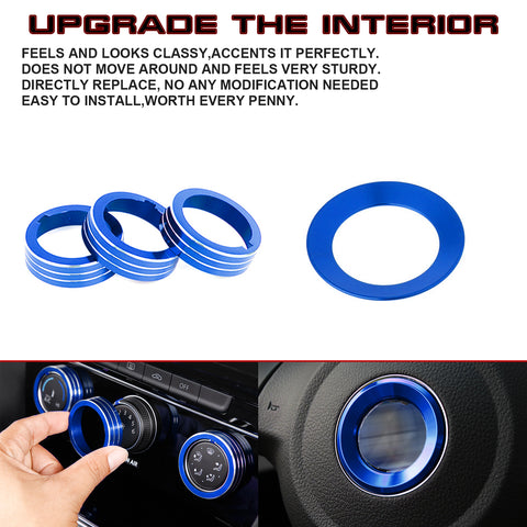 Blue Steering Wheel Logo + AC Knob Control Ring Cover for Volkswagen Golf GTI