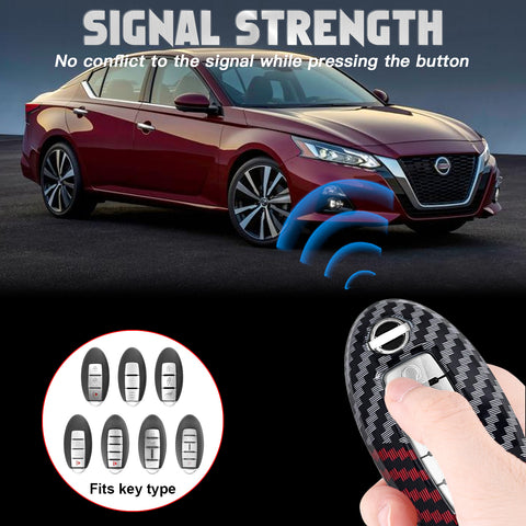 x xotic tech Glossy Black/Red Carbon Fiber Texture Hard Key Fob Cover Case Compatible with Infiniti EX FX JX QX or Nissan Altima GTR Maxima Murano Pathfinder Sentra Oval Shape 3-6 Buttons Smart Key