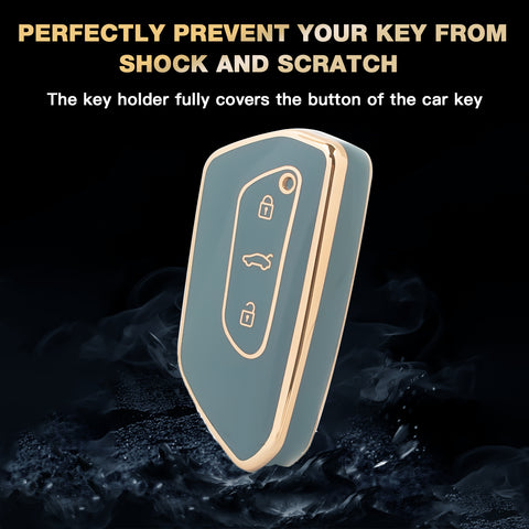 2Pcs Gold Edge Gray TPU Key Fob Shell Full Cover Case, Compatible with Volkswagen Golf 8 ID.4 MK8 Seat Leon MK4 Skoda Octavia Smart Keyless Entry Key