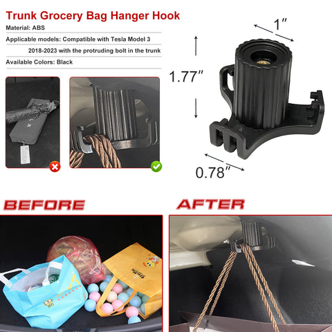 Rear Trunk Left Side Storage Bin Box Organizer Protector Packet w/Lids + Trunk Grocery Bag Organizer Holder Hanger Hook Kit Compatible with Tesla Model 3 2018-2023