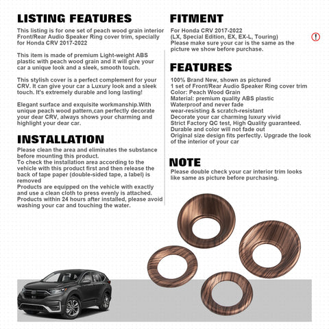 Peach Wood Grain Front Rear Audio Speaker Ring Cover Trim For Honda CR-V 17-2022