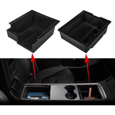 2PCS Interior Center Console Organizer Tray Armrest Black Flocking Layer Hidden Cubby Drawer Storage Box Phone Coin Holder Tray Compatible with Tesla Model 3 Model Y 2021-UP