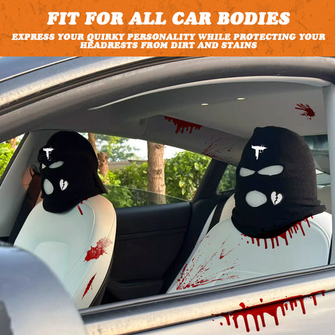 Xotic Tech Car Funny Decoration Spoof Balaclava Face Headrest Cover, Scary Bank Robber Costume Front Seat Head Rest Protector, Halloween Bandit Mask Auto Accessories Universal for Most Car-White