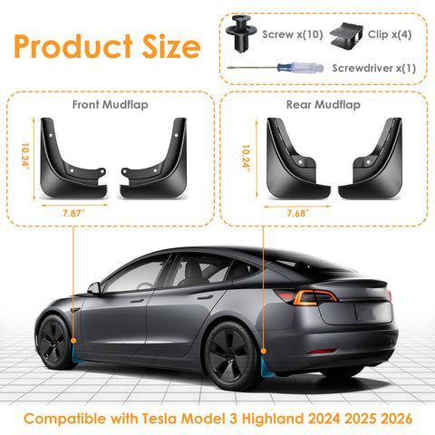 Mud Flaps Splash Guards Fender Accessories For Tesla Model 3 Highland 2024-2026