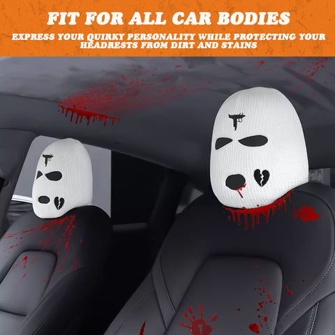 Xotic Tech Car Funny Decoration Spoof Balaclava Face Headrest Cover, Scary Bank Robber Costume Front Seat Head Rest Protector, Halloween Bandit Mask Auto Accessories Universal for Most Car-White