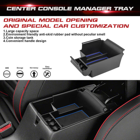 Center Console Armrest Box Secondary Storage Coin Holder Tray Organizer w/Blue Anti-Dust Mats + 2PCS Soft Car Cup Holder Coasters, Compatible with Kia Forte 2019-2023