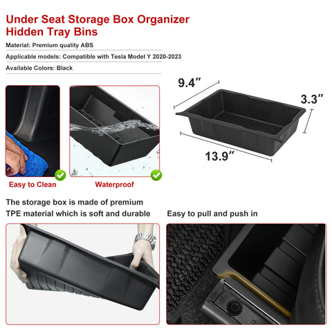 2PCS Interior Front Under Seat Insert Storage Organizer Hidden Tray Underseat Bins Box Accessories Compatible with Tesla Model Y 2020-2023