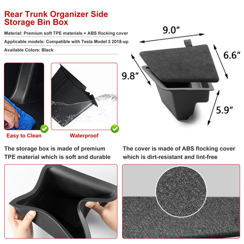 Rear Trunk Left Side Storage Bin Box Organizer Protector Packet w/Lids + Trunk Grocery Bag Organizer Holder Hanger Hook Kit Compatible with Tesla Model 3 2018-2023