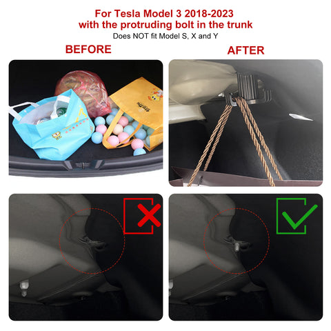 Rear Trunk Left Side Storage Bin Box Organizer Protector Packet w/Lids + Trunk Grocery Bag Organizer Holder Hanger Hook Kit Compatible with Tesla Model 3 2018-2023