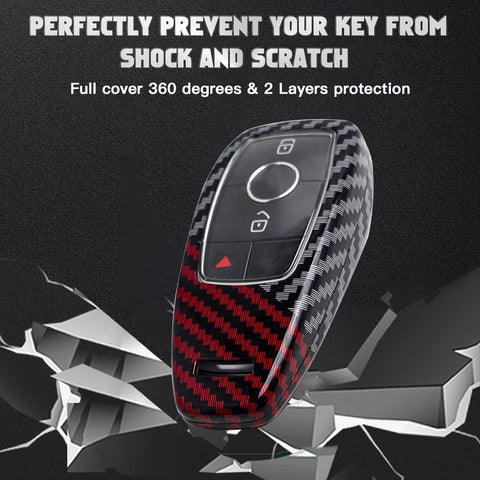 x xotic tech Glossy Black/Red Mix Color Carbon Fiber Texture Hard Plastic Key Fob Cover Case Compatible with E S G A C CLA CLS GLB GLC GLE GLS Class