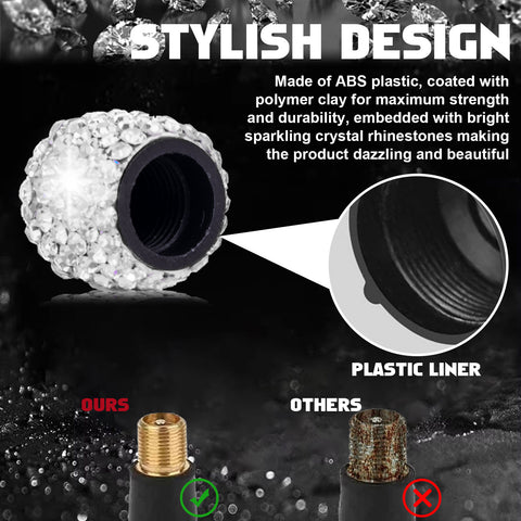 4x Handmade Crystal Rhinestone Universal Car Tire Valve Caps Chrome Accessories