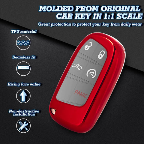 1x Glossy Red TPU Smart Key Remote Keyless FOB Shell Case W/ Red Keychain For Jeep Dodge Chrysler