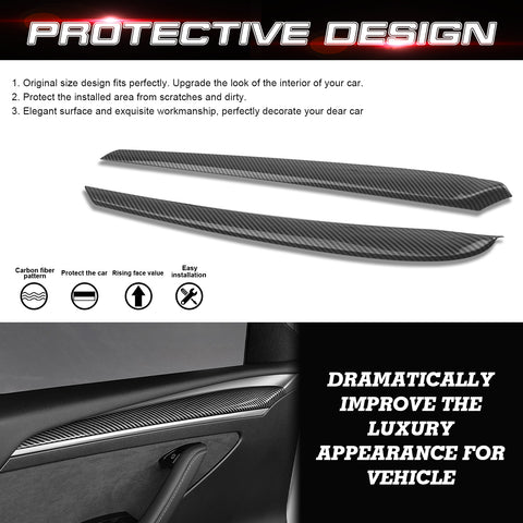 2X Carbon Fiber Pattern Door Side Trim Cover For Tesla Model 3 2021-2023 & Model Y 2020-up