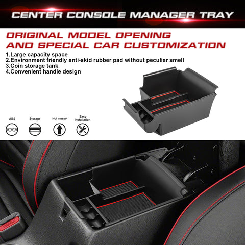 Center Console Armrest Box Secondary Storage Coin Holder Tray Organizer w/Red Anti-Dust Mats + 2PCS Soft Car Cup Holder Coasters, Compatible with Kia Forte 2019-2023