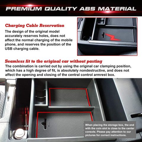 Interior Auto Center Console Armrest Box Secondary Storage Coin Holder Tray Organizer w/Red Mats + Armrest Box Bottom Divider + Glove Box Divider, Compatible with Toyota 4Runner 2010-2023