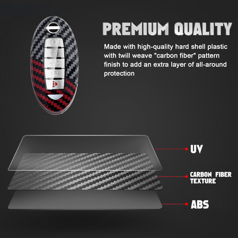 x xotic tech Glossy Black/Red Carbon Fiber Texture Hard Key Fob Cover Case Compatible with Infiniti EX FX JX QX or Nissan Altima GTR Maxima Murano Pathfinder Sentra Oval Shape 3-6 Buttons Smart Key