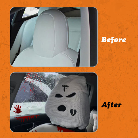 Xotic Tech Car Funny Decoration Spoof Balaclava Face Headrest Cover, Scary Bank Robber Costume Front Seat Head Rest Protector, Halloween Bandit Mask Auto Accessories Universal for Most Car-White