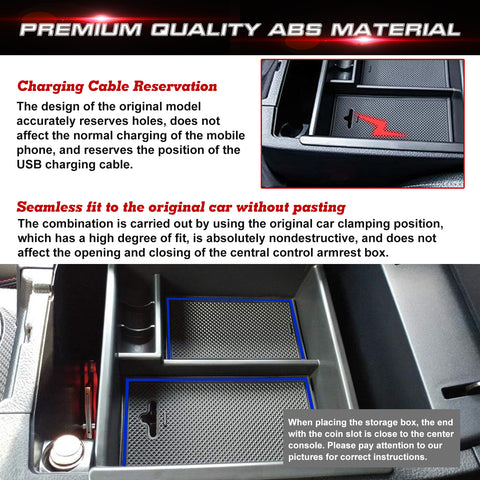 Interior Auto Center Console Armrest Box Secondary Storage Coin Holder Tray Organizer w/Blue Anti-Dust Mats + Armrest Box Bottom Divider Compatible with Toyota 4Runner 2010-2023