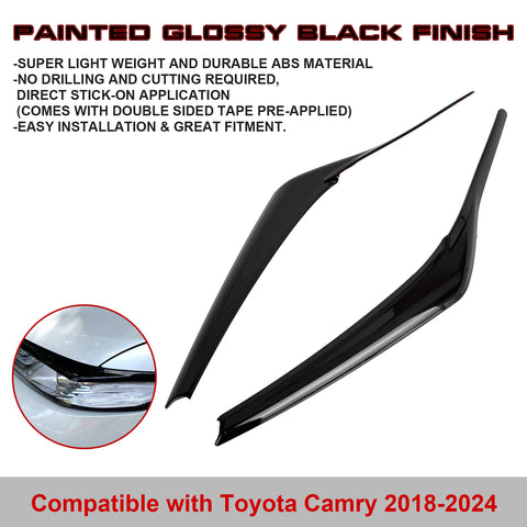 2PCS Gloss Black Headlamp Eyelid Strip Decor Cover Trim For Toyota Camry 2018-up