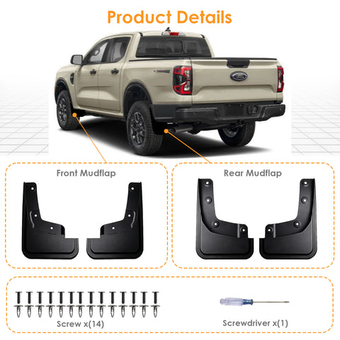 x xotic tech Mud Flaps Splash Guard Compatible with Ford Ranger 2024 2025 2026 Front & Rear Mudguards Fender Flare Dirt Slush Trap Protector Set Pickup Truck Accessories(4PCS)