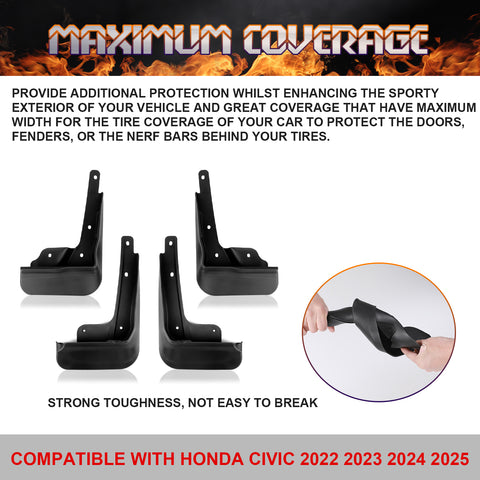 x xotic tech 4PCS Car Front & Rear Mud Flap Splash Guards Fender Flare Mudguard Dirt Slush Trap Protector w/Hardware Accessories Compatible with Honda Civic 2022 2023 2024 2025