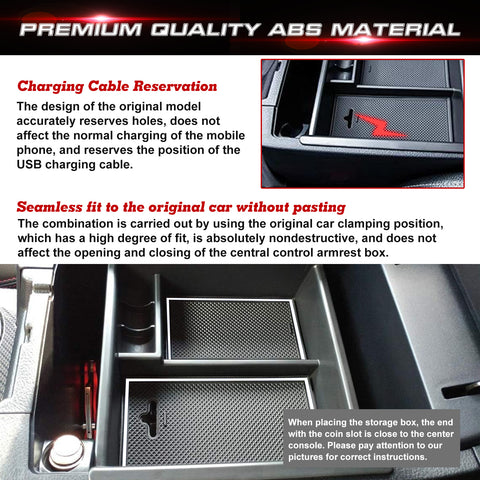 Interior Auto Center Console Armrest Box Secondary Storage Coin Holder Tray Organizer w/White Anti-Dust Mats + Armrest Box Bottom Divider Compatible with Toyota 4Runner 2010-2023