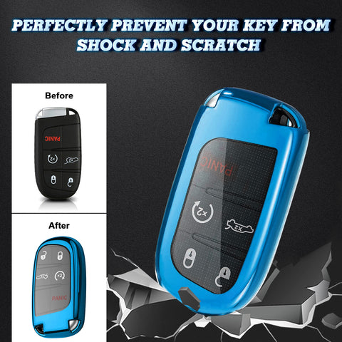 Glossy Blue TPU Keyless Remote FOB Case + Braided Keychain For Jeep Chrysler Dodge