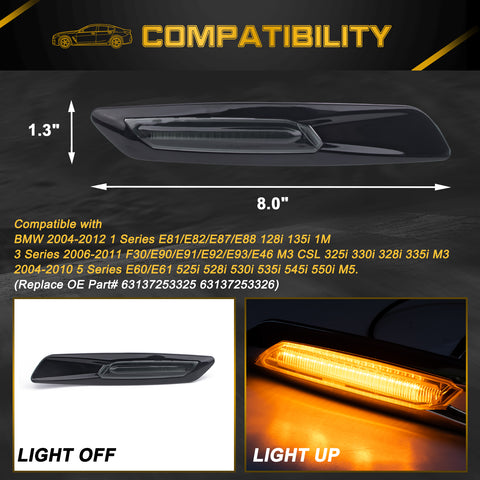 2x LED Sequential Side Marker Lights For BMW E46 E60 E61 E81 E82 E88 E90 E91 E92