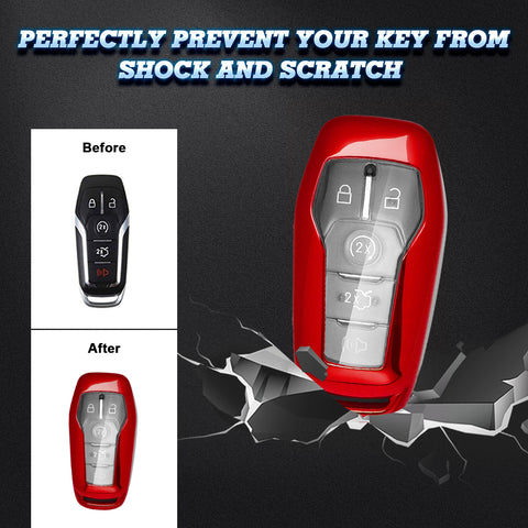 Red Soft TPU Key Fob Shell Skin Cover w/Keychain, Compatible with Ford Fusion Mustang