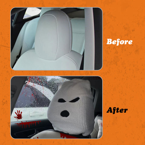 Xotic Tech Car Funny Decoration Spoof Balaclava Face Headrest Cover, Scary Bank Robber Costume Front Seat Head Rest Protector, Halloween Bandit Mask Auto Accessories Universal for Most Car-White