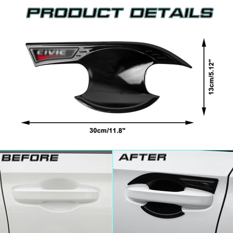 Black Door Handle Side Mirror Window Louvers Cover Decor For Honda Civic 2022-up