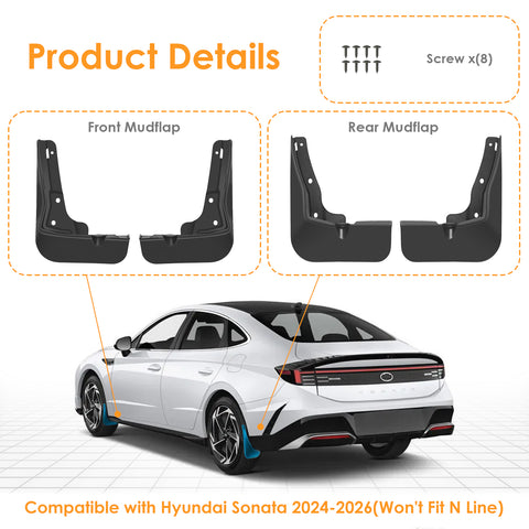 x xotic tech Mud Flaps Splash Guard Compatible with Hyundai Sonata 2024 2025 2026, No Drill Front & Rear Mudguards Fender Protector Set w/Hardware Pickup Truck Accessories(4PCS)