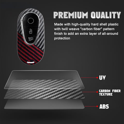 x xotic tech Glossy Black/Red Mix Color Carbon Fiber Texture Hard Plastic Key Fob Cover Case Compatible with Mercedes Benz W223 S Class, W206 C Class, X254 GLC Class, EQS EQE Gen4 Oval Shape
