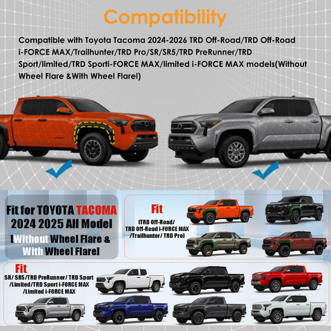 x xotic tech Mud Flaps Splash Guard Compatible with Toyota Tacoma 2024 2025 2026, No Drill Front & Rear Mudguards Fender Protector Set w/Hardware Pickup Truck Accessories(4PCS)