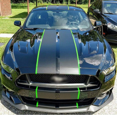 Glossy Black / Black Fluorescent Green Side Double-sided Vinyl Stripe Decal Sporty Sticker for Ford Mustang Hood Roof Rear Trunk