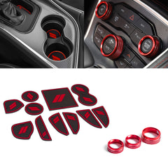 Car Anti-dust Mats Cup Holder Inserts, Door Pocket Center Console Liners Mat Custom Fits + Climate Control Knob Covers Accessories Compatible With Dodge Challenger 2015-2023 (Red, 14pcs)