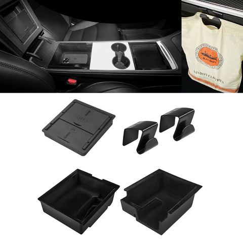 Interior Center Console Organizer Tray Armrest Black Layer Hidden Cubby Drawer Storage Box + Co-pilot Glove Box Grocery Hanger Hooks Combo Kit Compatible with Tesla Model 3 Model Y 2021-UP