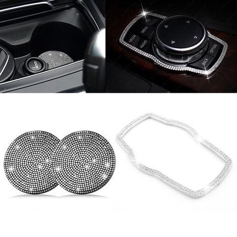 Crystal Cup Holder Coasters Multimedia Control Frame Cover For BMW 3 5 7 Series