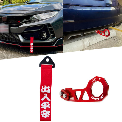 Xotic Tech JDM Sports Racing Tow Strap Decorative Trailer Belt Personalized with Chinese Slogan + Rear Tow Hook Universal Fit for Car (Safe Trip Wherever You go)