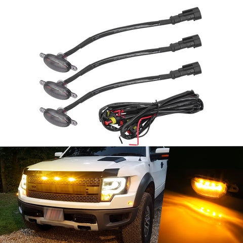 Smoked Lens Amber LED Grille Running Lights Compatible With Ford Raptor 10-14 & 17-up (Powered by 12 Pieces of SMD LED Lights)