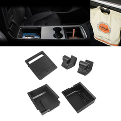 Interior ABS Center Console Organizer Tray Armrest Black Layer Hidden Cubby Drawer Storage Box + Co-pilot Glove Box Grocery Hanger Hooks Combo Kit Compatible with Tesla Model 3 Model Y 2021-UP