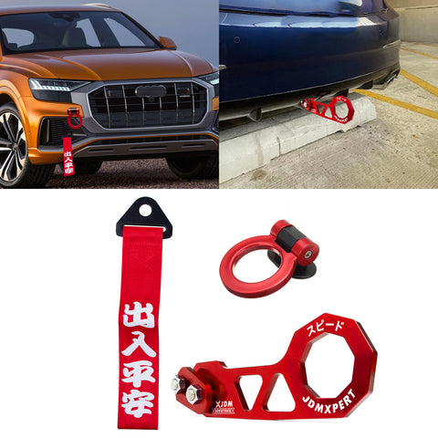 JDM Sports Tow Strap Racing Tow Strap Car Trailer Belt with Chinese Slogan + Front Tow Hook Kit Bumper Decoration + Rear Tow Towing Hook Universal for Car (Safe Trip Wherever You go,Blue)