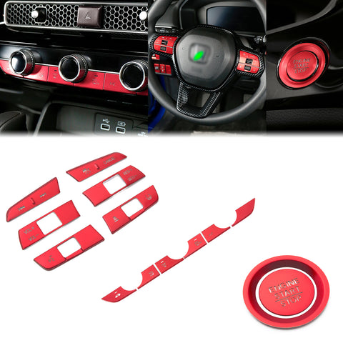 Red Engine Button+Steering Wheel+AC Control Cover Stickers For Honda Civic 2022+