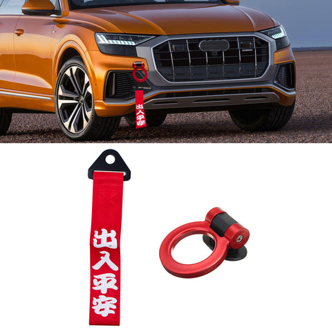 JDM Sports Racing Tow Strap Trailer Belt Personalized with Chinese Slogan + Tow Hook Kit Car Decoration Accessories Universal Fit Rear Front Bumper (Safe Trip Wherever You go)