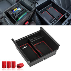 Center Console Armrest Box Secondary Storage Coin Holder Tray Organizer w/Red Anti-Dust Mats + Red Tire Valve Stem Caps Combo Kit, Compatible with Toyota 4Runner 2010-2024 or Kia Telluride 2020-2024