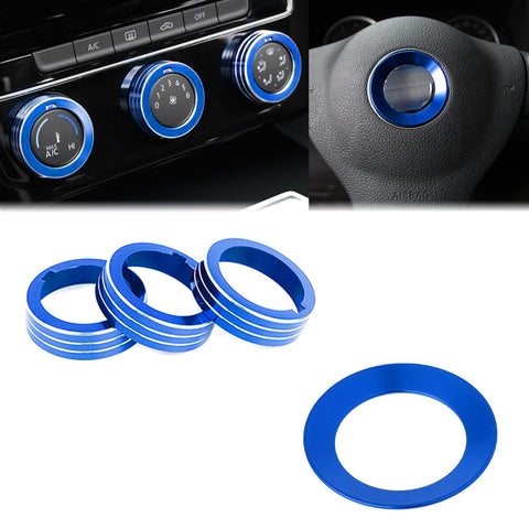 Blue Steering Wheel Logo + AC Knob Control Ring Cover for Volkswagen Golf GTI